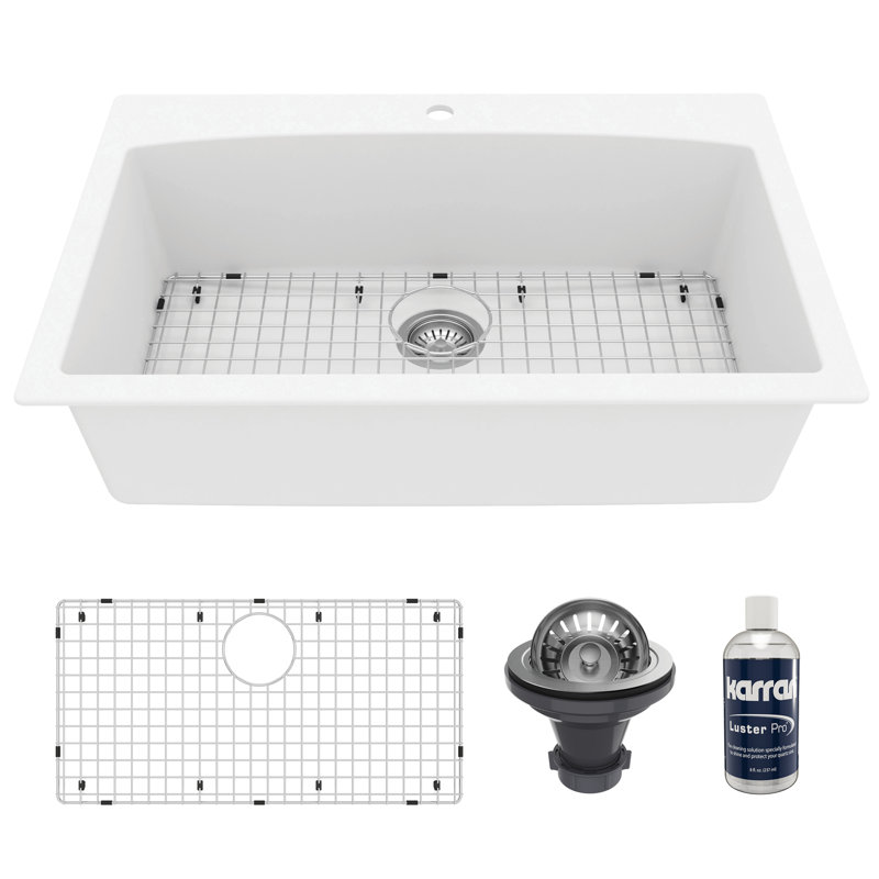 Karran Quartz 33'' X 22'' Single Bowl Top Mount Drop-in Kitchen Sink Kit, White