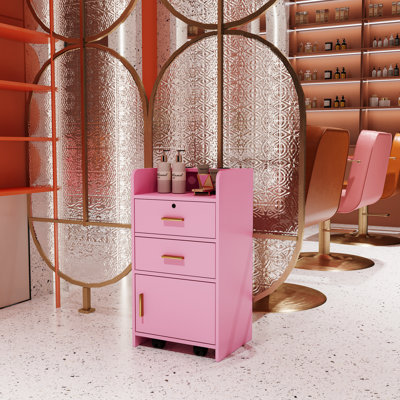 Pink Beauty Station With Storage Cabinet And Hair Dryer Holder Practical Home - 2 Drawers & 1 In