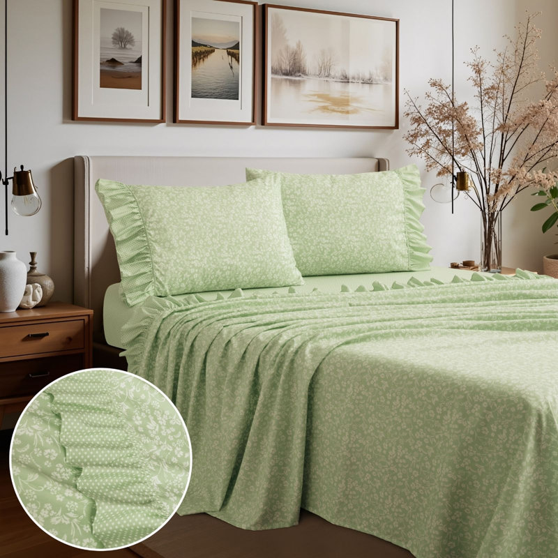 Printed Floral and Polka-Dot Ruffle Sheet Set, King, Green