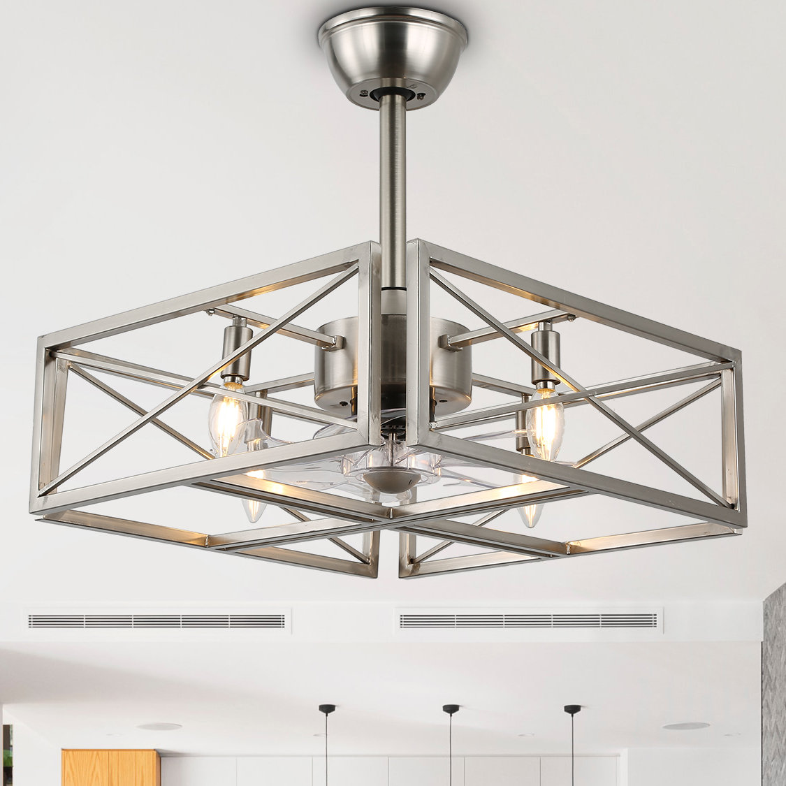 Bacalar 36" Brushed Steel Frame Cubic Industrial Ceiling Fan with Remote Control