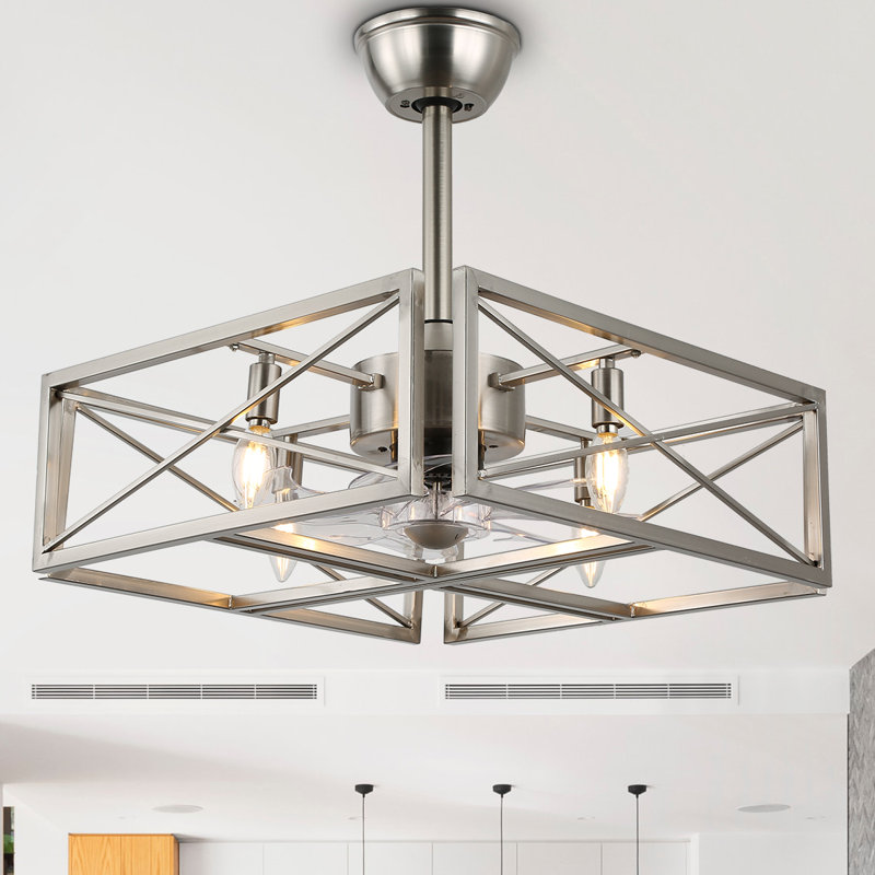 Bacalar 36" Brushed Steel Frame Cubic Industrial Ceiling Fan with Remote Control