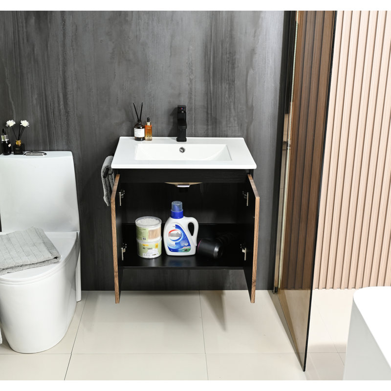 Meuble-lavabo mural 24 po avec porte-serviettes noir, lavabo en céramique, quincaillerie robuste, esthétique moderne