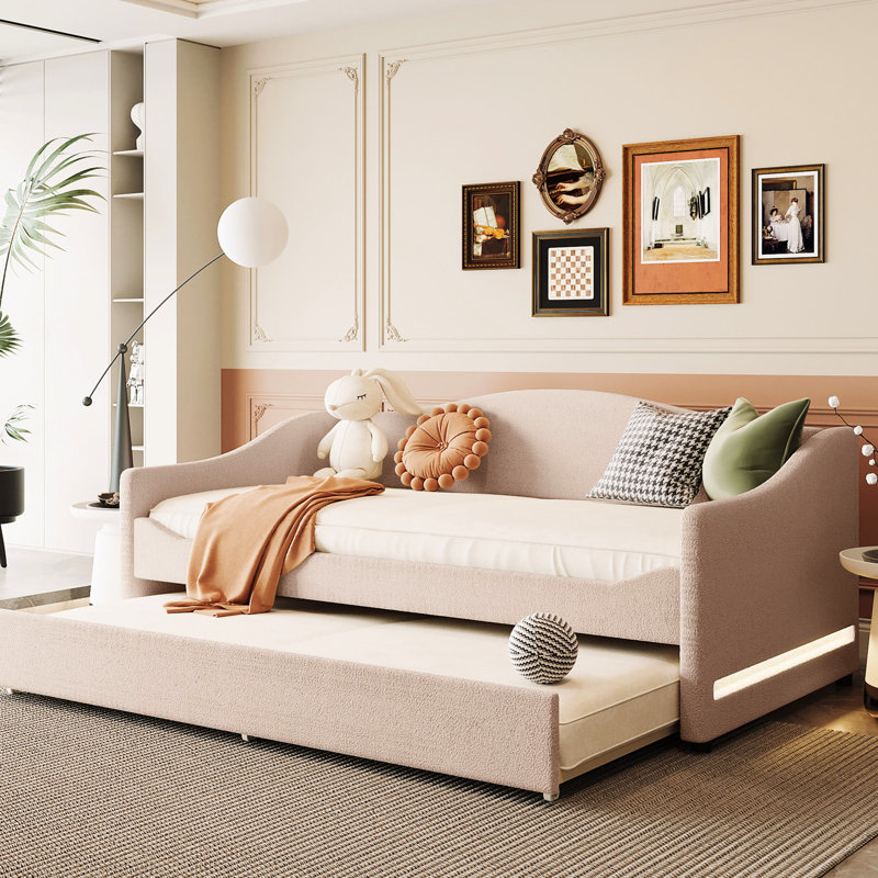 Beige Twin Size Daybed With Fleece Padding And Trundle Upholstered Rotatable, Twin, Beige