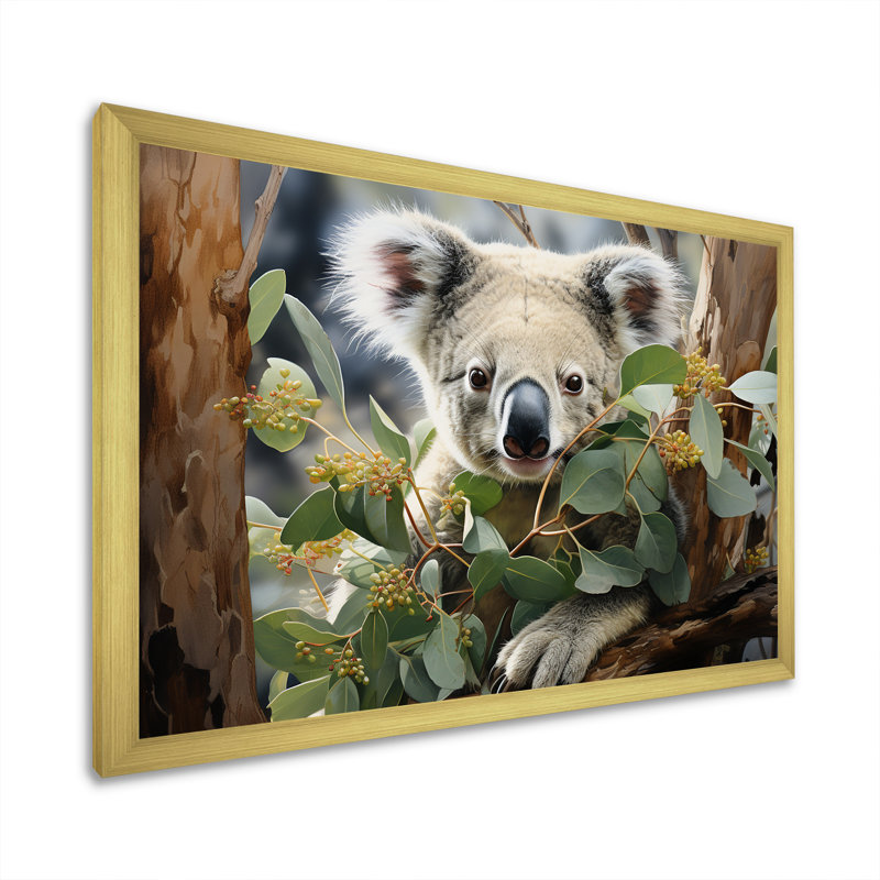 Aquarelle, arbre koala, observateur 2 - art mural koala, Cadre d'angle fermé doré, H 32 po x l 24 po x P 1 po