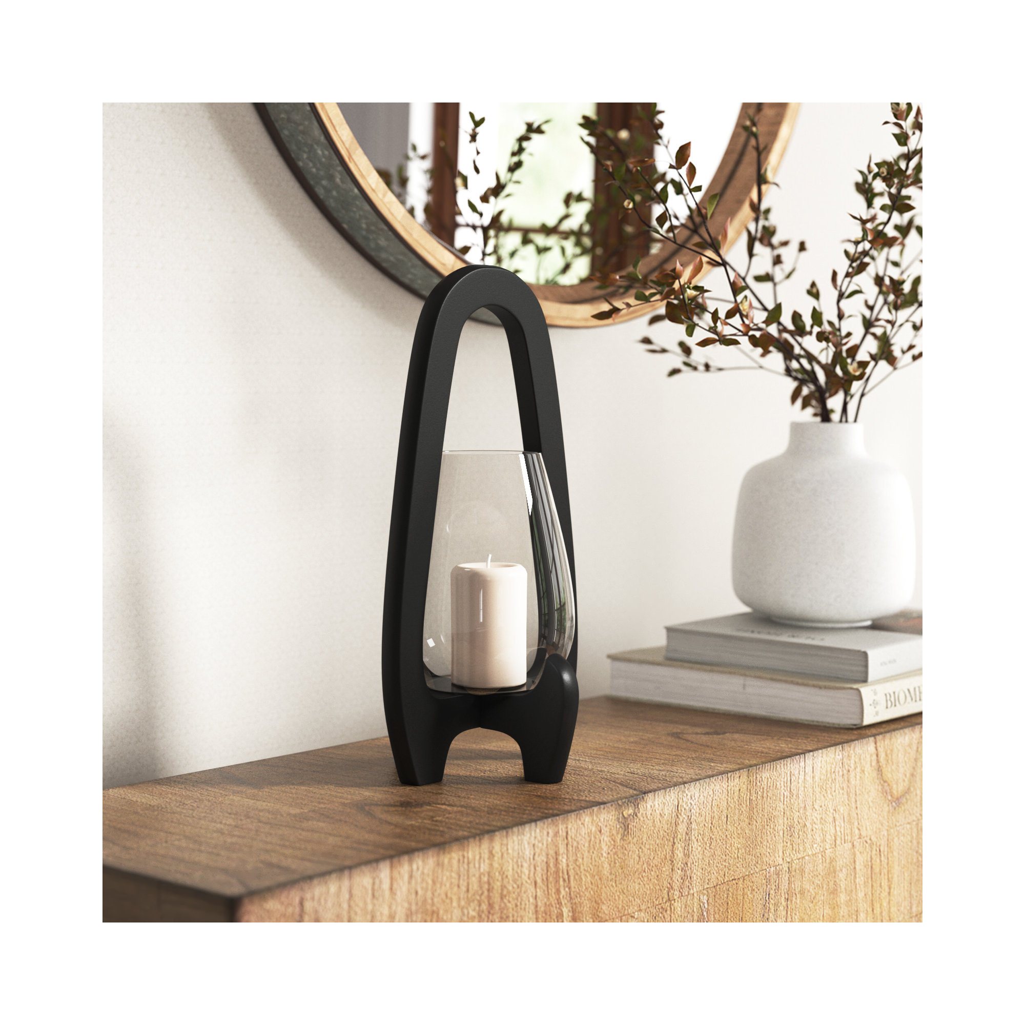 Sculpted Wood Glass Hurricane Lantern, For Decorative Use, Mango Wood and Glass, Black, 15" H x 8" W x 8" D