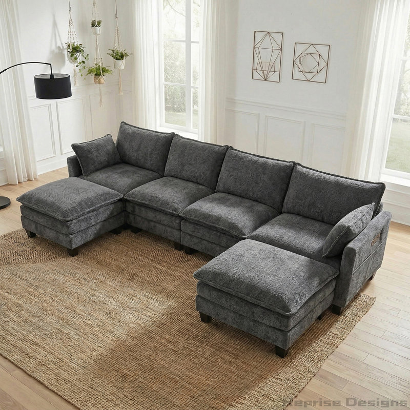 Causeuse moderne en chenille avec ports USB et poches latérales, 107.87, DARK GREY Chenille