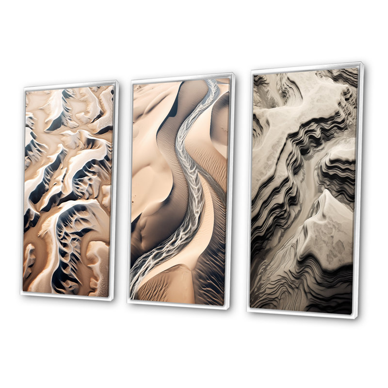 «Eernal Dunes Desert Rivers», 3 pièces, H 48 po x l 32 po, Cadre flottant blanc