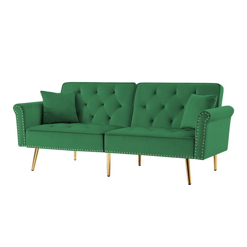 Twin 76.7'' Velvet Convertible Sofa, Green, 32.2" H x 76.7" W x 33" D
