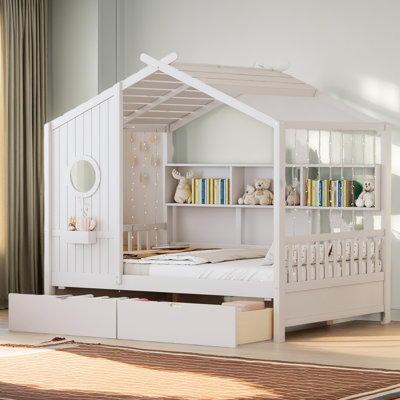 Lit en bois avec 2 tiroirs, lit pour enfant avec tablette de rangement