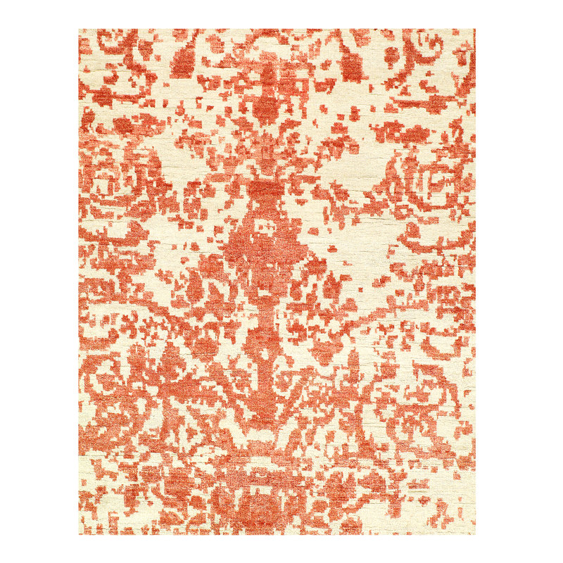 Tapis carré rouge / blanc unique de 6 pi 10 po noué à la main