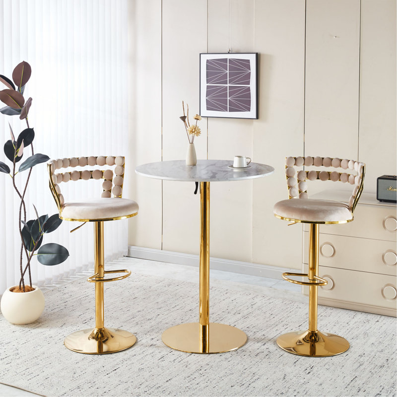 Ensemble de table de bar Modern Gold moderne avec 2 tabourets de bar réglables, table de pub ronde à motif de marbre pour le bar et la cuisine