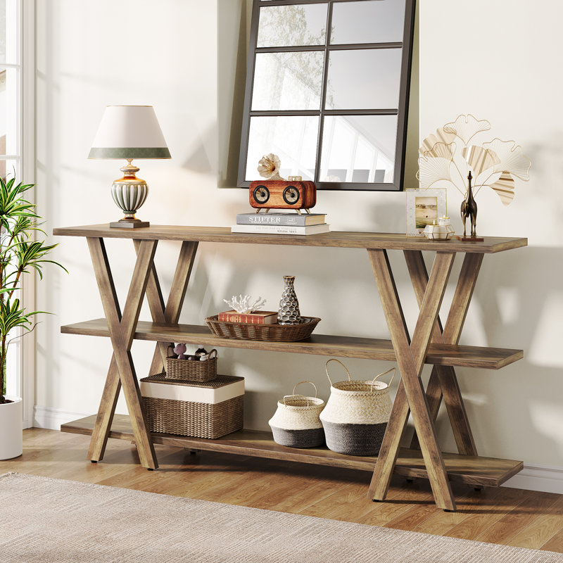 Aranda 70'' Console Table with 3 Open Storage Shelves X Shaped Legs