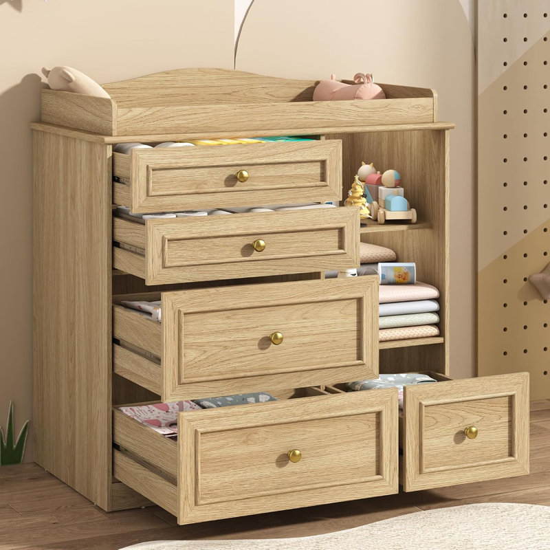 Commode à langer avec 5 tiroirs et 2 tablettes, 19.4"D x 35.4"W x 37.1"H, Bois naturel