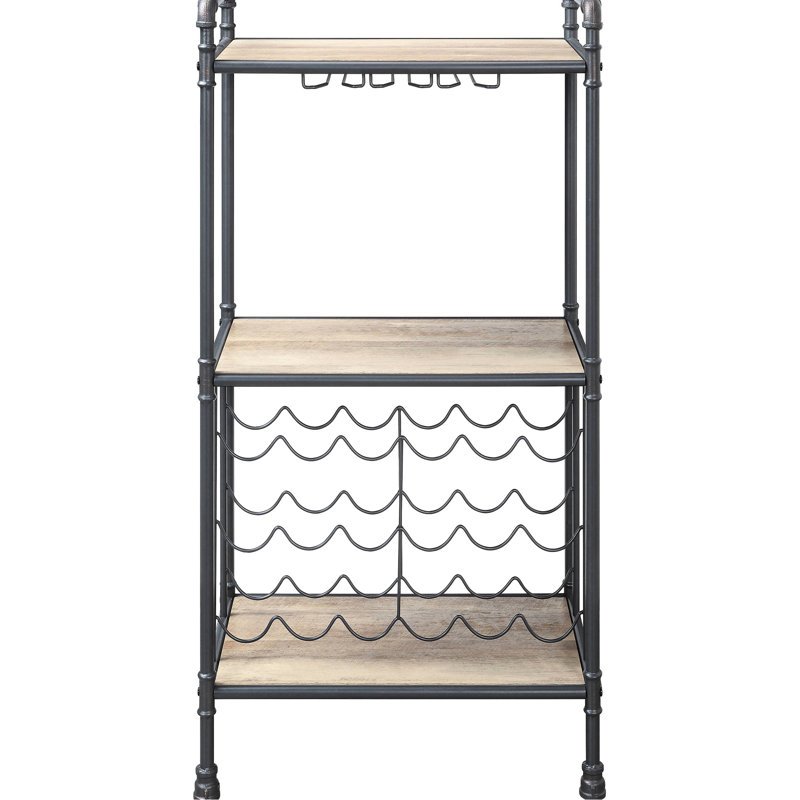 Étagère à vin en chêne antique et verre à pied gris sable - aspect industriel, capacité de 18 bouteilles avec support pour bouteilles, design