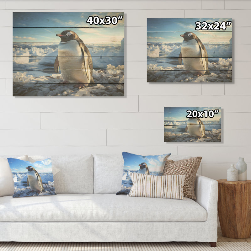Pingouin se dandinant d'élégance - Art sur bois de pin pingouin naturel, H 24 po x l 32 po