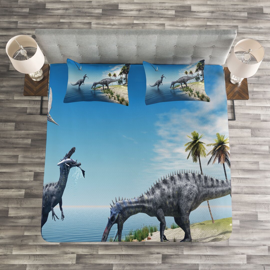 Gestepptes Bettdecken-Set, Wilde Suchomimus Dinosaurier, Tier, Grün Blau Grau