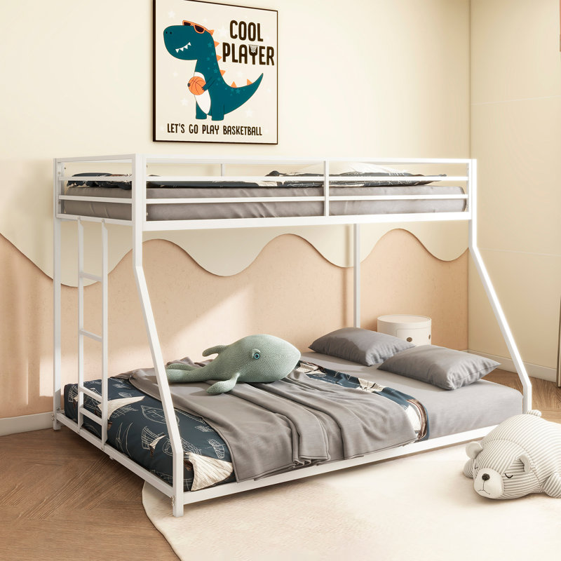 Lit superposé en métal robuste pour enfants et adultes - Profil bas avec échelle facile à monter, Jumeaux sur complet, Blanc