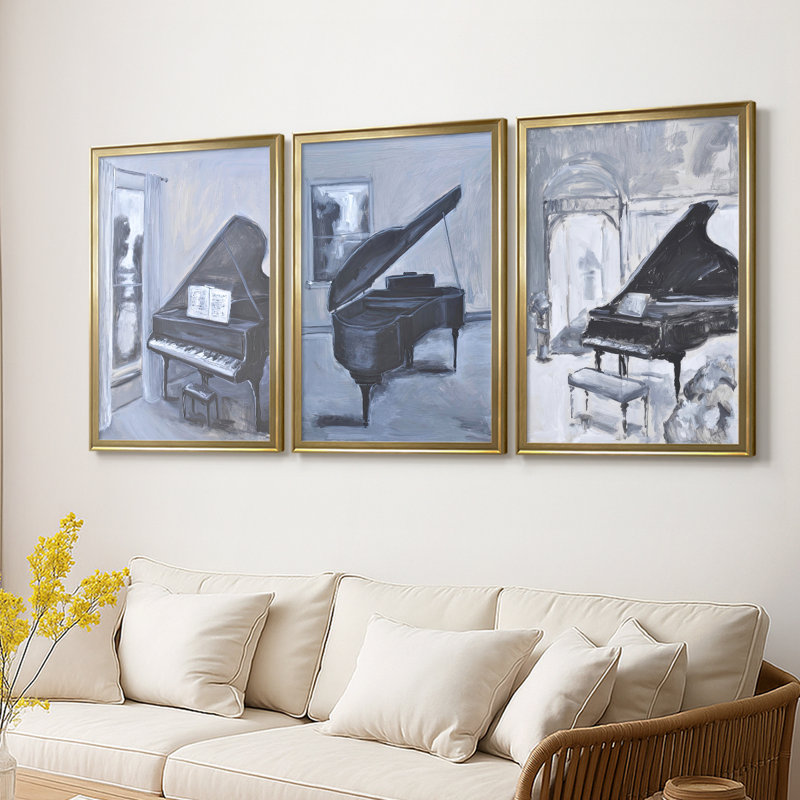 Piano Blues IV - Toile tendue avec châssis sur mesure - 3 pièces, H 27 po x l 39 po, Doré