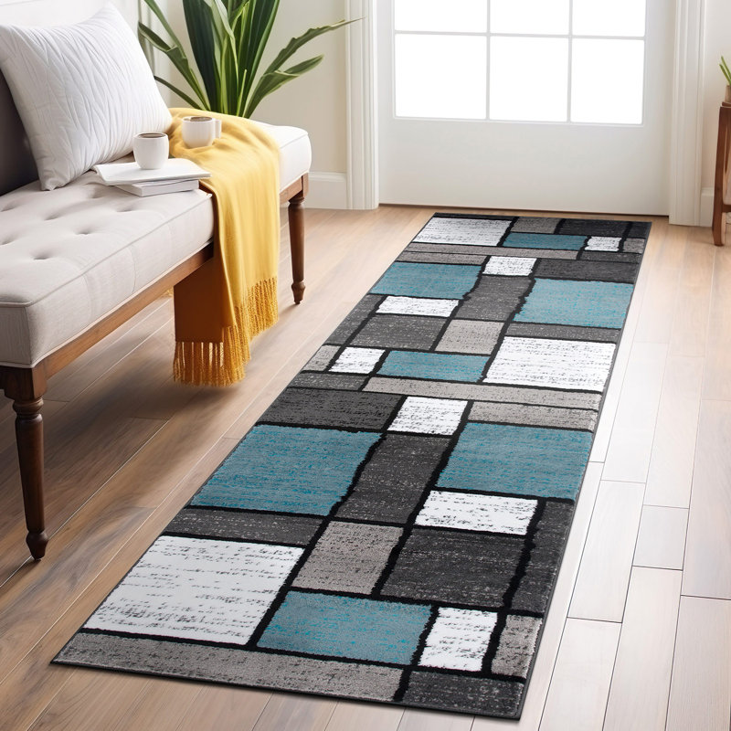 Astley Woven Geometric Blue/Gray/Ivory Area Rug – Modern Polypropylene Carpet for Living Room, Bedroom, or Office