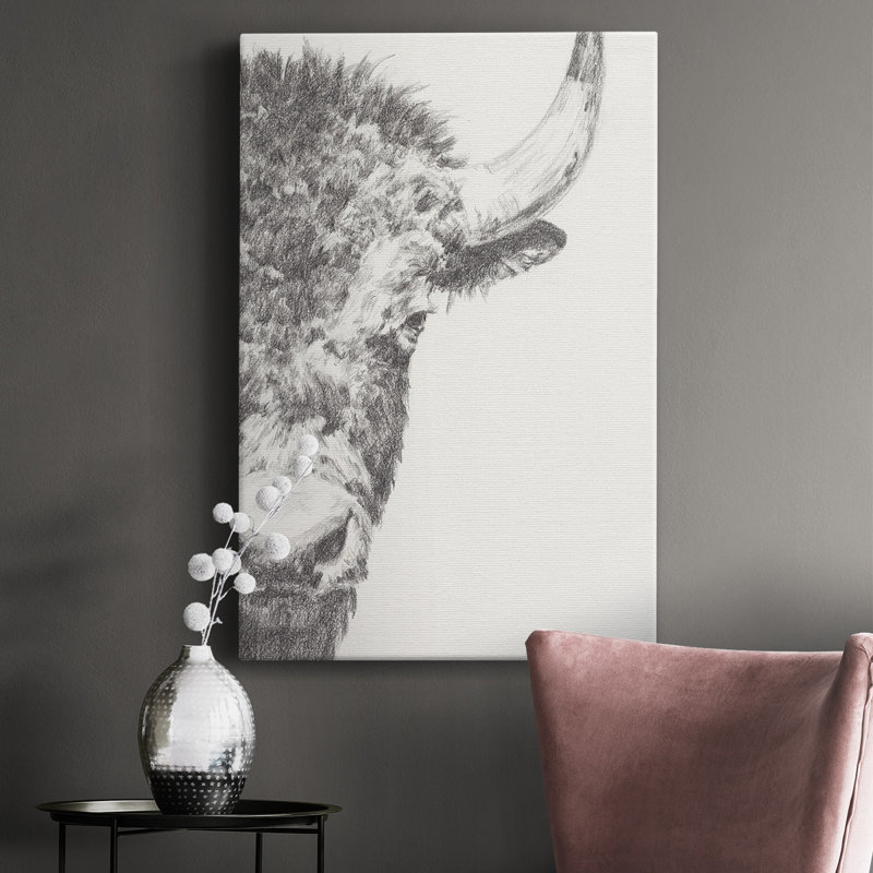 Graphite Bison Portrait I - peinture sur toile tendue, H 18 po x l 12 po x P 1 po