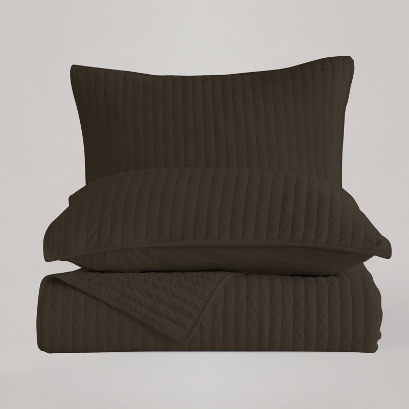 Full Brown Cotton Reversible Quilt Set with Channel Stitch
