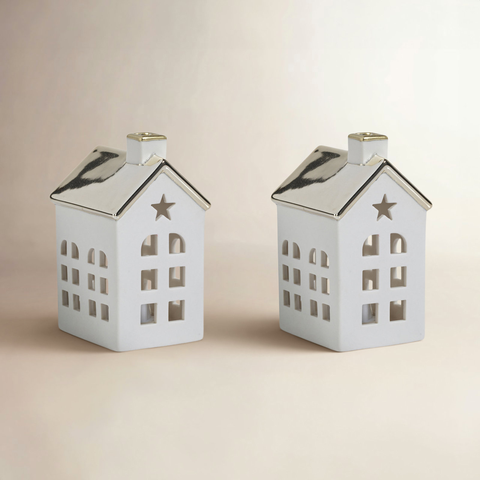 Lilou 2-Piece Set Porcelain LED House with Roof, 4.25" H x 3" W x 2.5" D, Gold/White