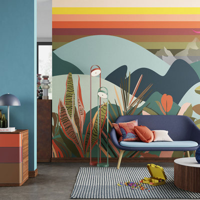 Colourful Mountain Landscape Wall Mural | Mid-Century Abstract Hills Wallpaper | Non-Woven or Peel and Stick