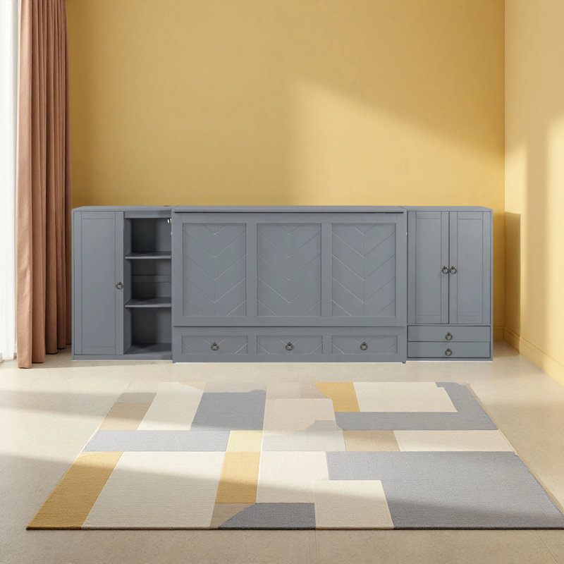 Grand lit escamotable avec port USB, petites armoires et tiroirs, Gris