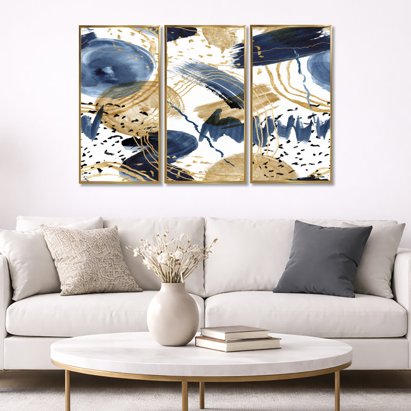 Motif abstrait avec textures bleu foncé et or - ensemble d'art moderne sur toile encadrée moderne de 3, Doré