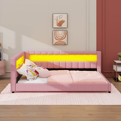 Upholstered Daybed With Storage Headboard, USB Ports & LED Belt, L-Shaped Platform Bed Frame