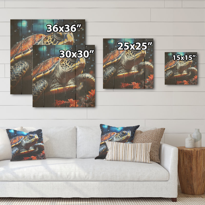 Abstrait «Swim - Tortue», art mural sur bois de pin naturel, H 25 po x l 25 po