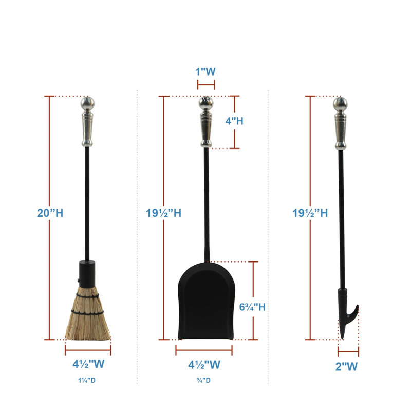 Mini ensemble d'outils de foyer en fer 4 pièces Reddin, Poignées en nickel satiné