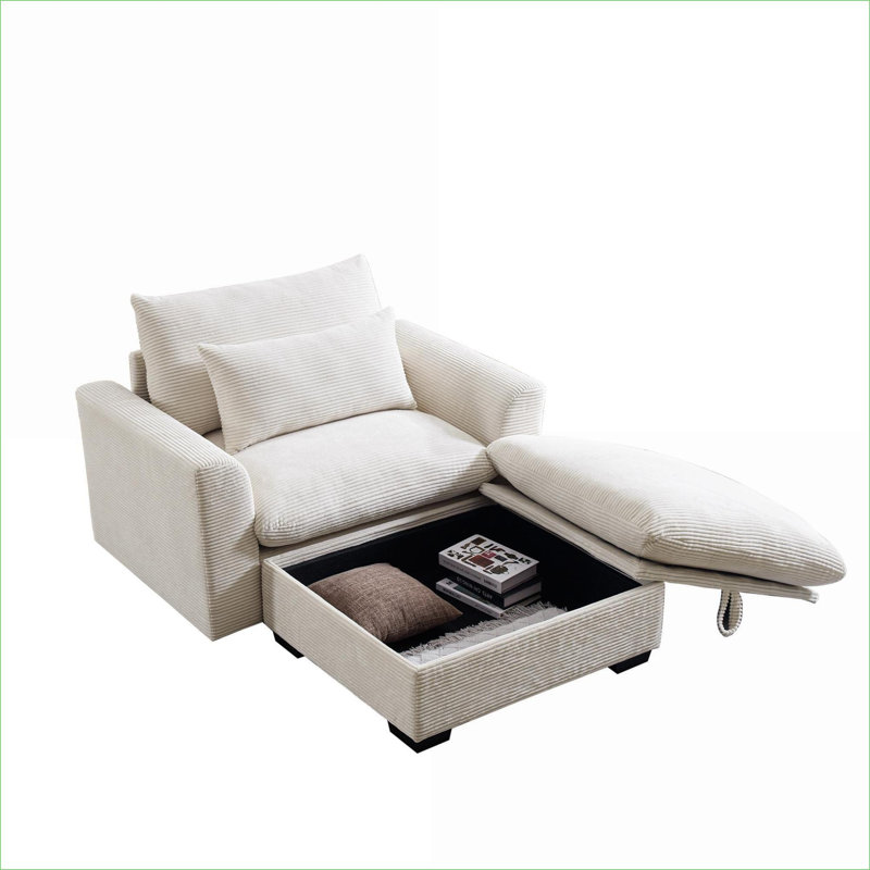 Canapés-lits | Canapé moderne à assise profonde avec repose-pieds avec rangement, pour salon et bureau | Beige | Velours côtelé