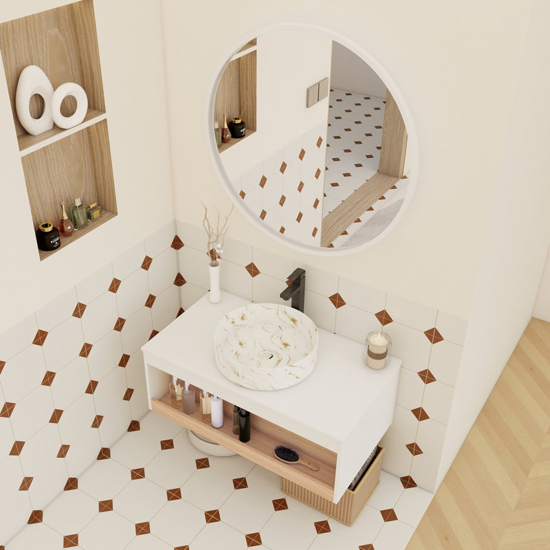 Meuble-lavabo flottant avec lavabo vasque en marbre veiné doré, conception murale avec rangement ouvert, finition blanche moderne et peu encombrante