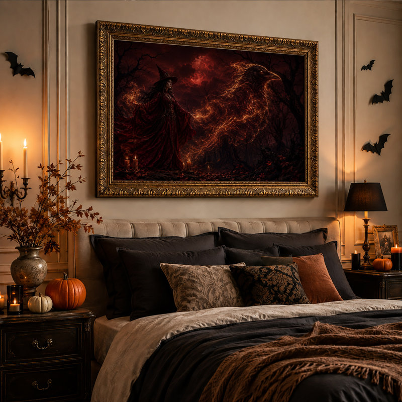 Sorcière et corbeau lumineux dans une forêt sombre sous une toile rouge d'Halloween, 20"H x 30"W