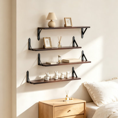Wood Floating Shelves Set of 4, Rustic Storage Decor Wall Shelves, Wall Mounted Shelf for Living Room, Bedroom