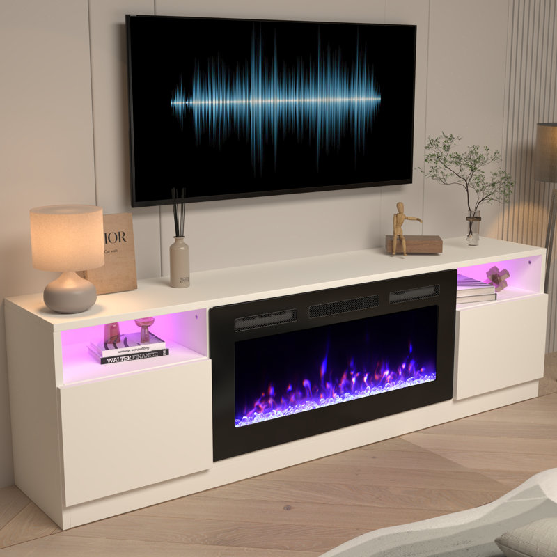 70'' TV Stand With Electric Fireplace Included, Black, White