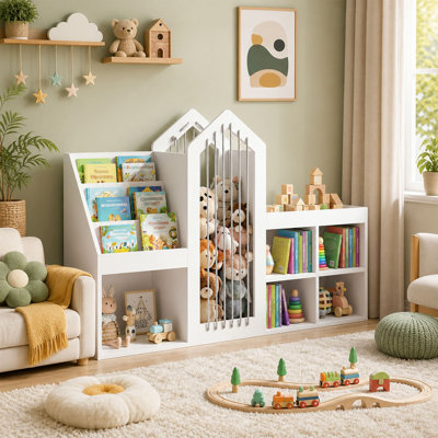 Toy Storage Organizer, 3-tier Kids Bookcases, Baby-Proof Bookshelf for Nursery & Playroom, Toy Cabinet With Stuffed Animal Storage, Elastic Cords, 5 open storage cubbies and kids bookshelf