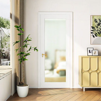 Porte intérieure française de 28 po x 80 po, porte en verre trempé givré pour portes de garde-manger, portes françaises, portes de poche, porte intérieure pré-montée à noyau solide sans trousse de quincaillerie, blanc