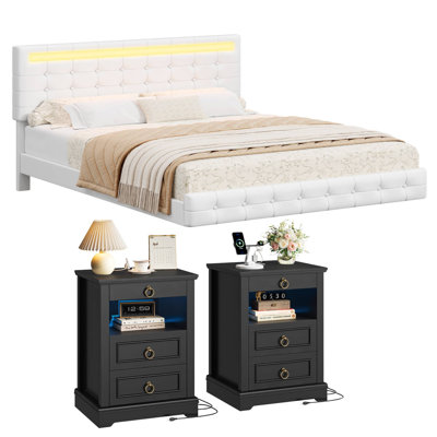 Ensemble de chambre à coucher 3 pièces, lit flottant moderne à DEL avec revêtement en polyuréthane et tables de chevet à 3 tiroirs avec port de charge