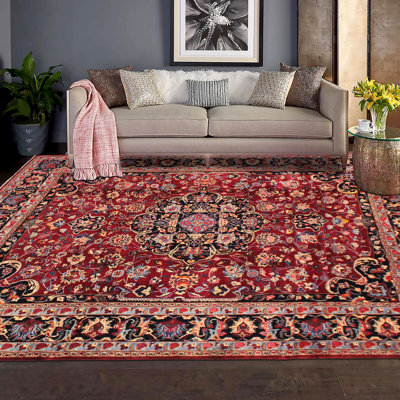 Tapis rouge en laine noué à la main rétro Vintage Shaunte - 10 pi 2 po x 13 pi 2 po
