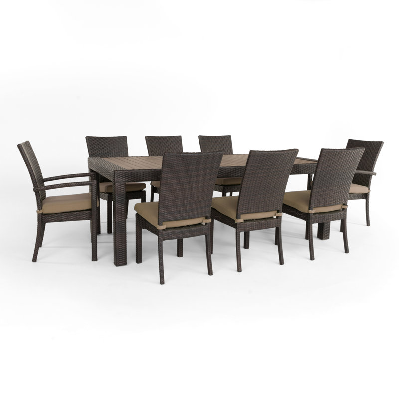 Cannes 9 Piece Dining Set with Cushions, Brown/Black Frame/Canvas Ginkgo Cushion