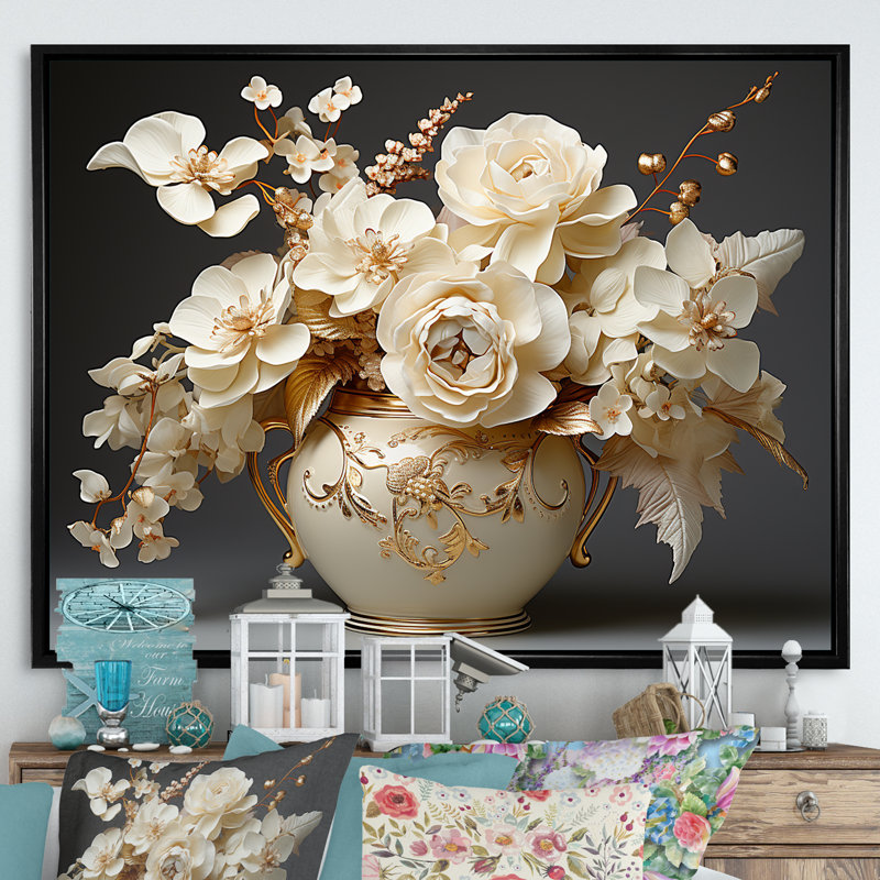 Impression sur toile Baroque Hydrangea blanc et or VII - Hydrangea, H 30 po x l 40 po x P 1,5 po, Cadre flottant noir
