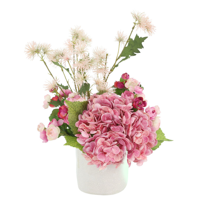 Hydrangea and Ranunculus Arranged in Ceramic Pot