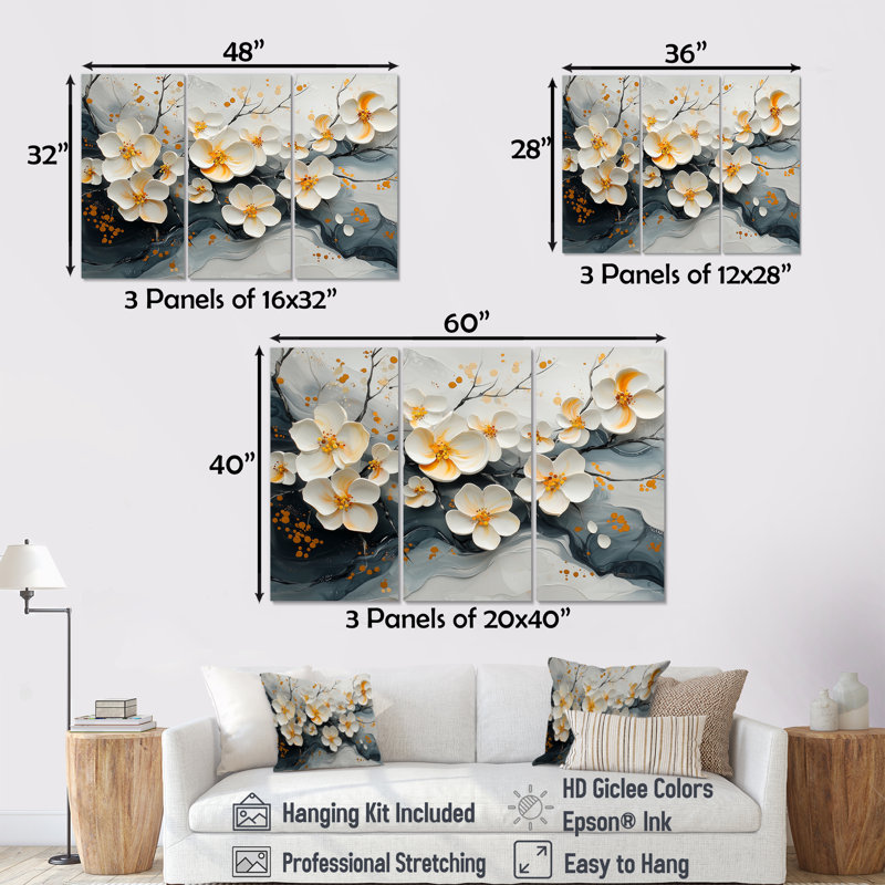 Fleurs de cerisier II - art mural cerisier en fleurs pour le salon - ensemble de 3, H 28 po x l 36 po, Toile tendue