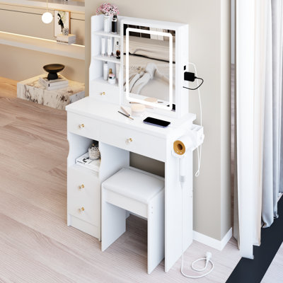 Petite coiffeuse avec tiroir de gauche, tabouret rembourré, centrale électrique encastrée, support pour sèche-cheveux et miroir à DEL coulissant à commande tactile pour petites pièces de style américain 29,2 po blanc 2 AC + 2