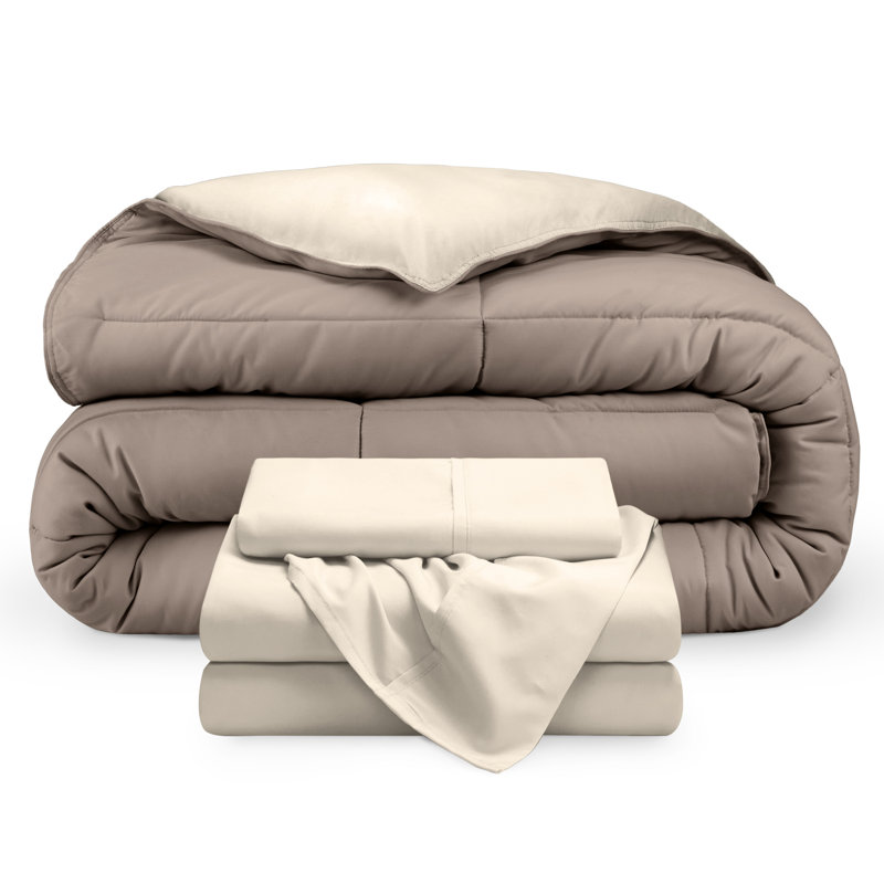Lit dans un sac réversible en microfibre, Édredon simple et 1 taie d'oreiller, Sable / taupe, sable