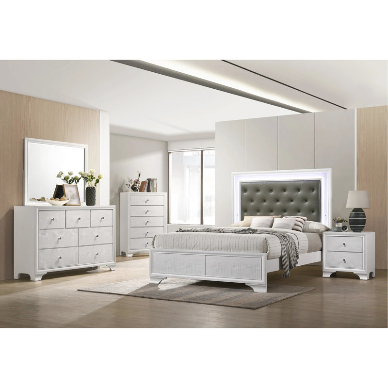 Grand lit tapissier moderne à texture crocodile blanc avec tête de lit à DEL intégrée et assemblage pratique facile à installer