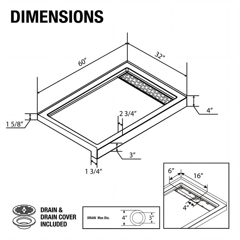 60”W x 32”D Rectangular Shower Pan Base with Stainless Steel Drain Cover, Marble-Look Acrylic, Right, Brushed Nickel