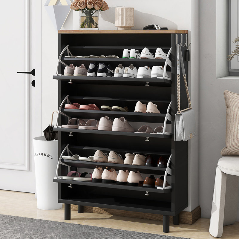 Narrow Design Shoe Cabinet With 3 Flip Drawers, Wood Grain Pattern Top Entryway Organizer With 3 Hooks, Free Standing Shoe Rack With Adjustable Panel For Hallway